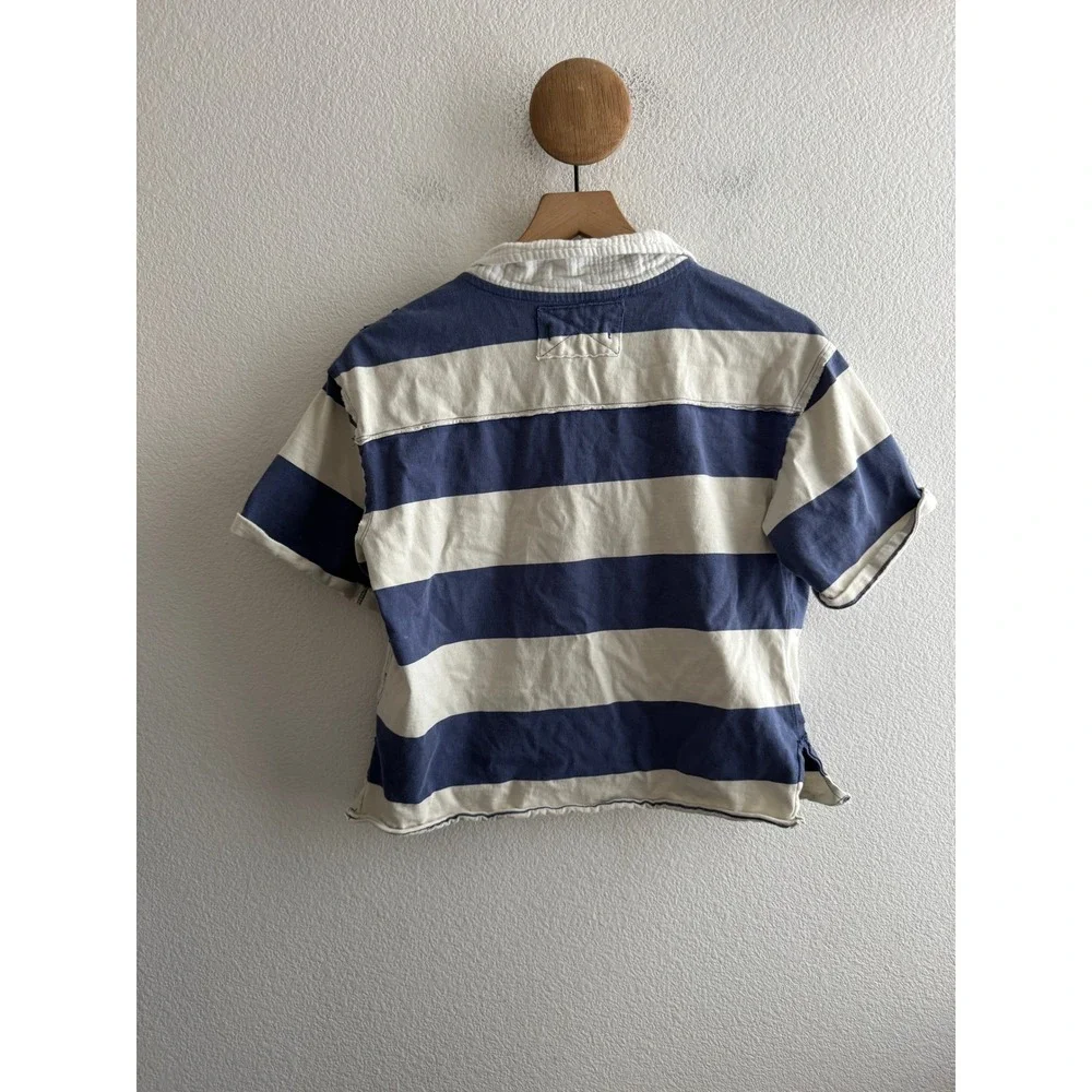 We The Free People Blue White Striped Cropped Rugby Polo Shirt Size XS